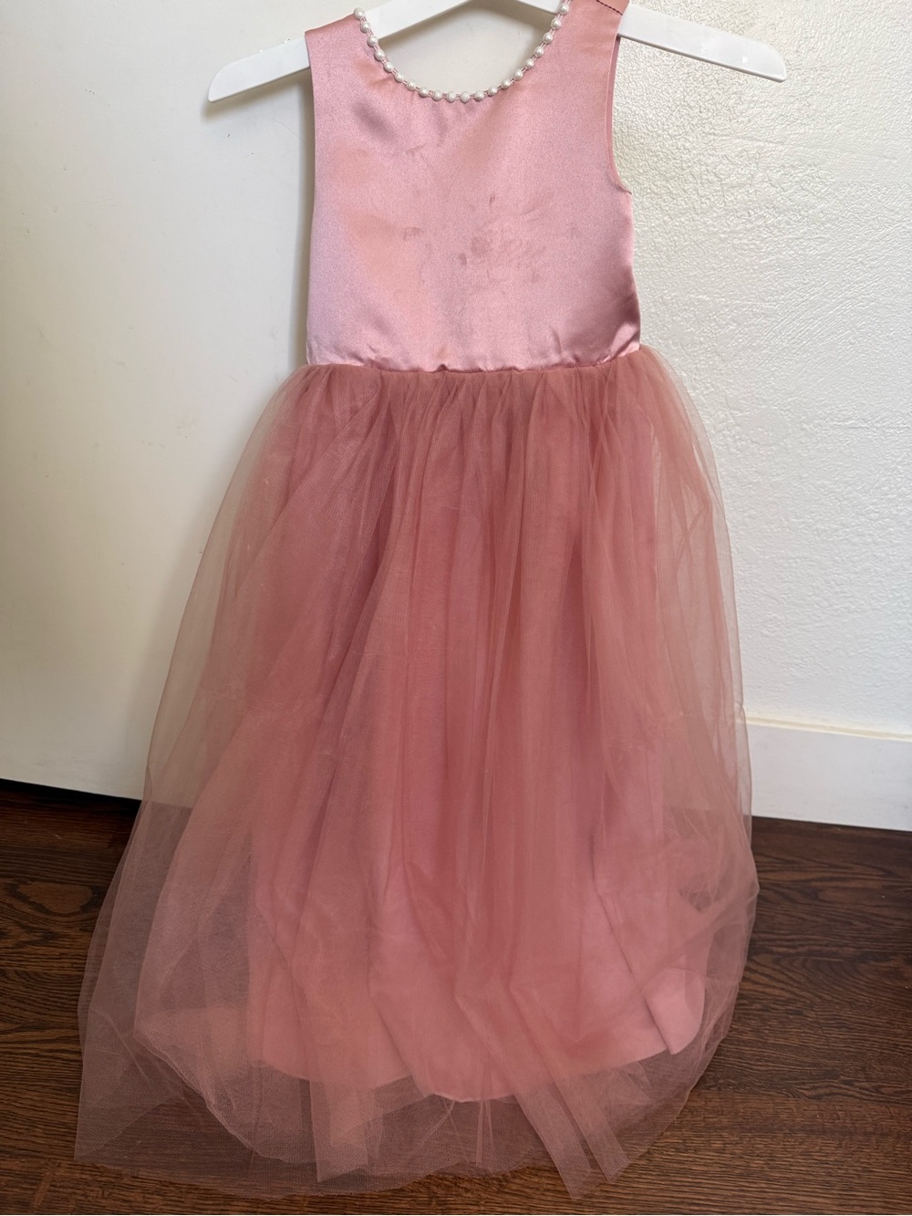Girls Pink Tulle Party Dress with Pearl Trim